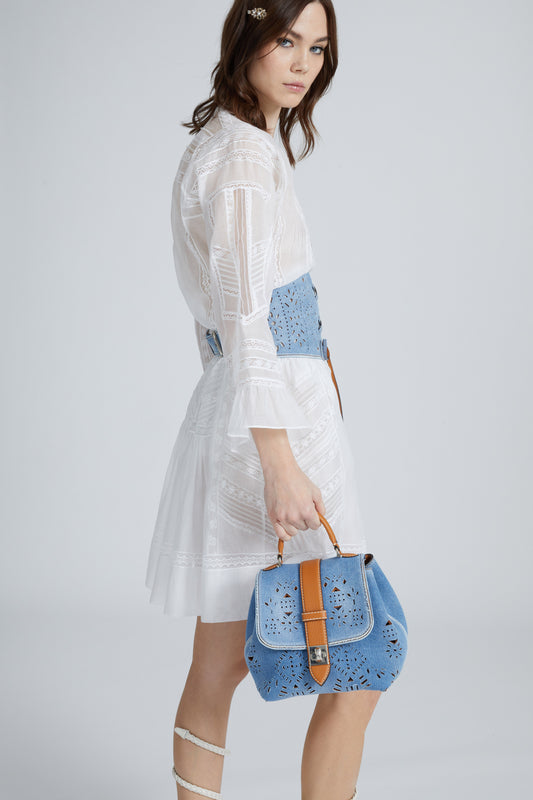 Mini Liza in denim with geometric cut-out made and finished by hand