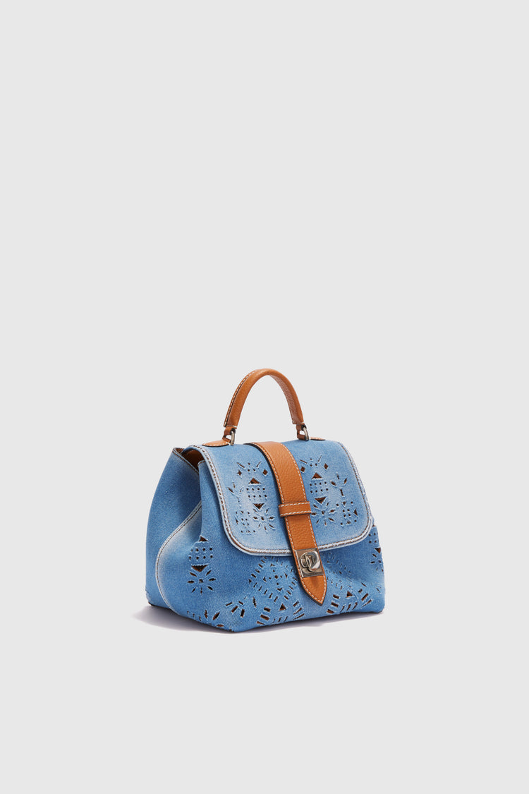 Mini Liza in denim with geometric cut-out made and finished by hand