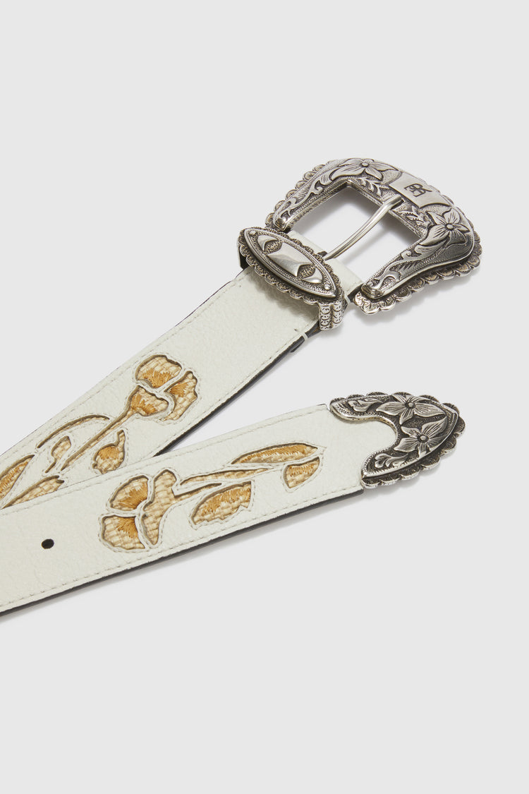 Split leather belt with hand-made floral motifs