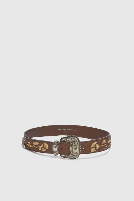 Brown split leather belt with hand-made floral motifs