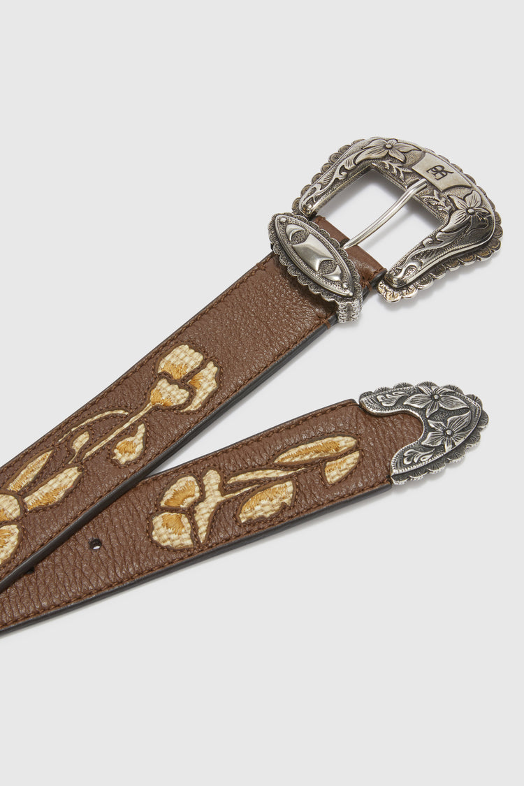 Brown split leather belt with hand-made floral motifs