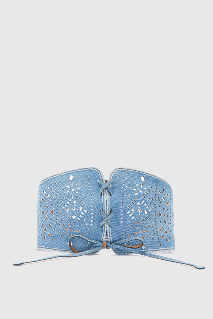 Mini Liza in denim with geometric cut-out made and finished