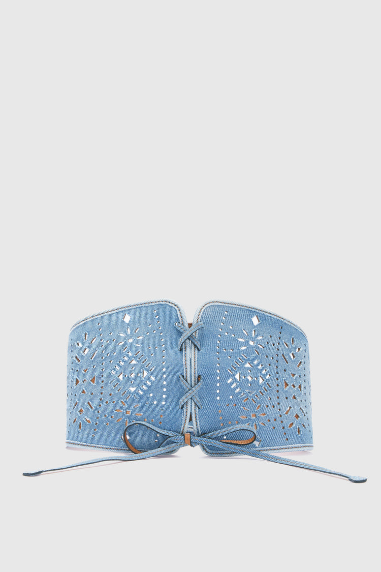 Denim corset with laces and geometric carving