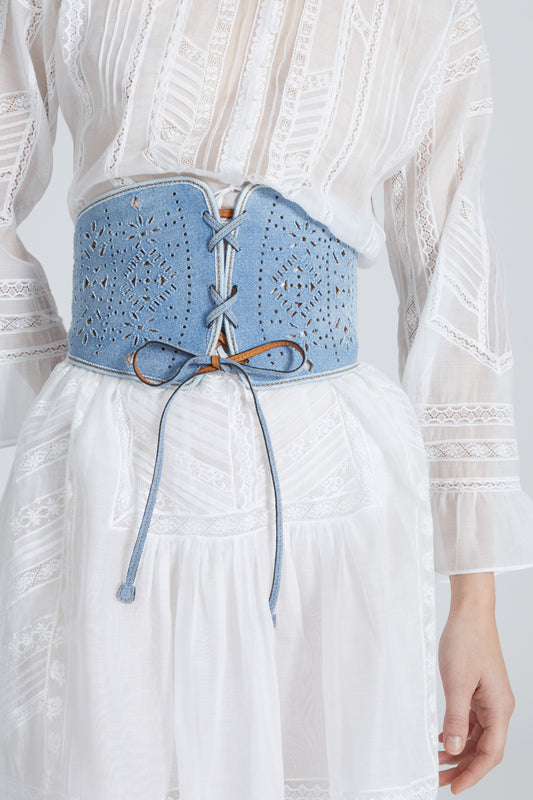 Denim corset with laces and geometric carving