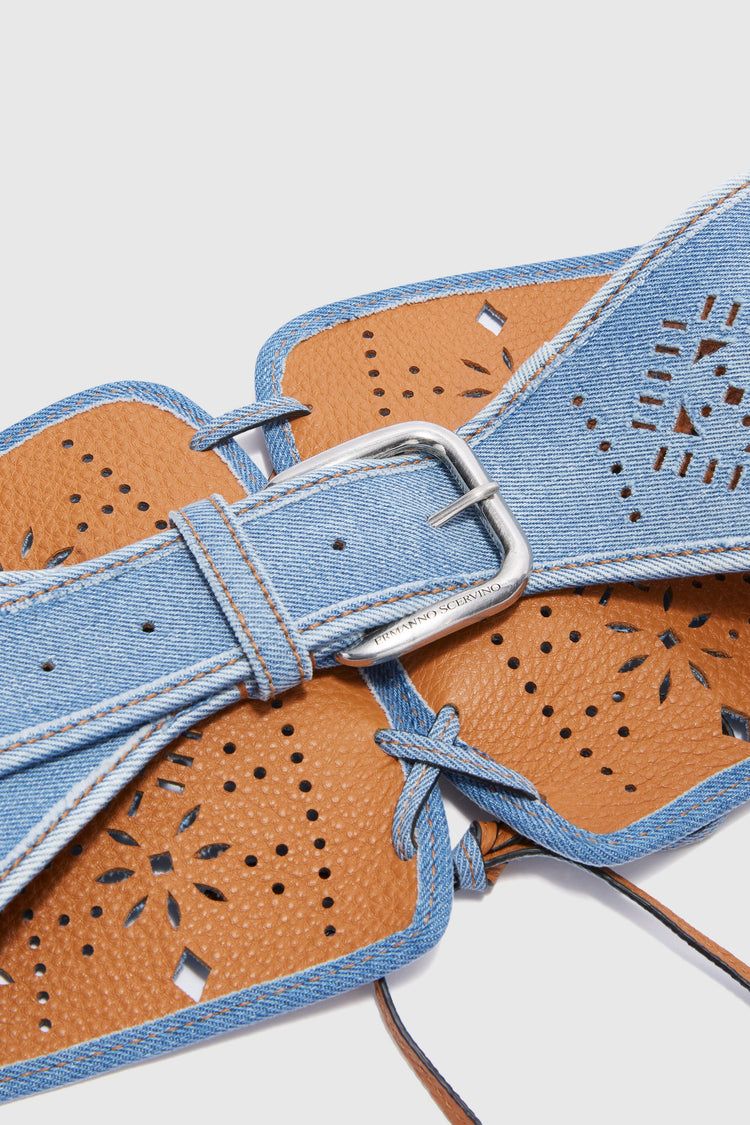 Denim corset with laces and geometric carving