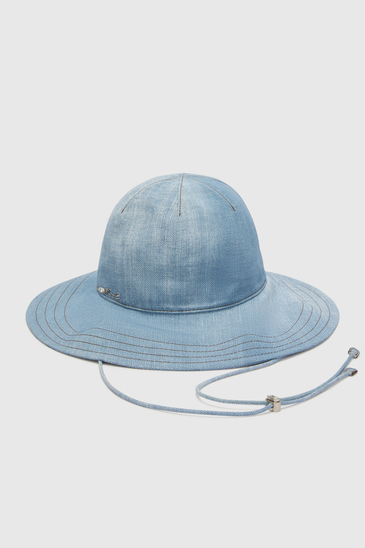 Cappello a tesa larga in marocain stampa jeans con laccetti regolabili