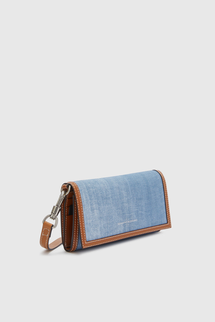 Wallet with detachable shoulder strap in marocain jeans print