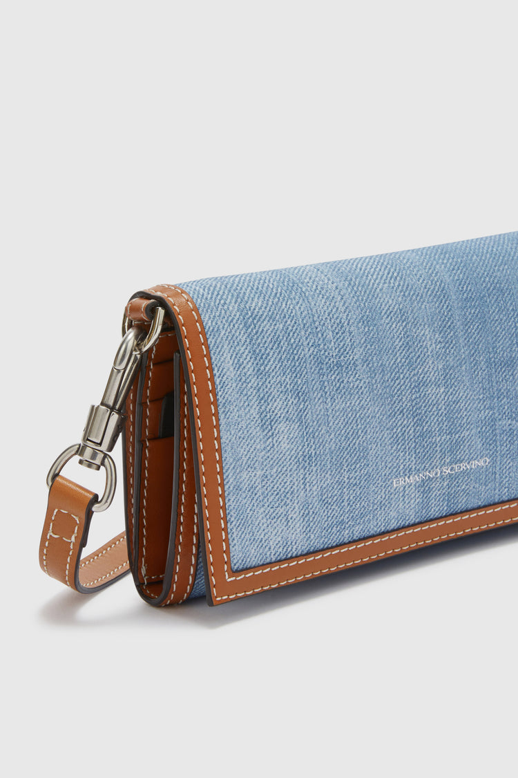 Wallet with detachable shoulder strap in marocain jeans print