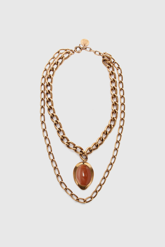 Necklace with double chain and semi-precious brick-colored hard stone