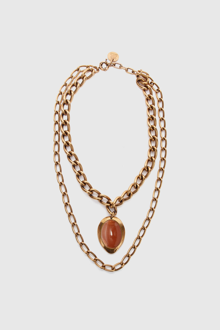 Necklace with double chain and semi-precious brick-colored hard stone