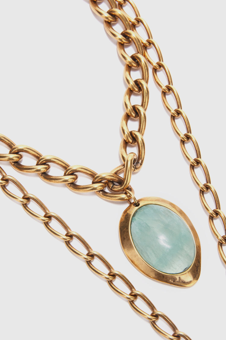 Necklace with double chain and semi-precious light blue hard stone