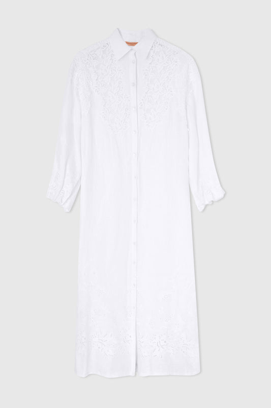 Long pure linen chemisier with handmade embroidery and macramé lace appliqués