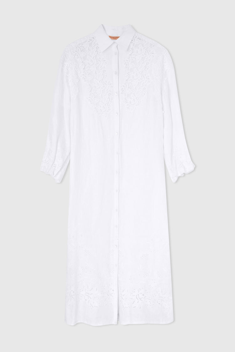 Long pure linen chemisier with handmade embroidery and macramé lace appliqués