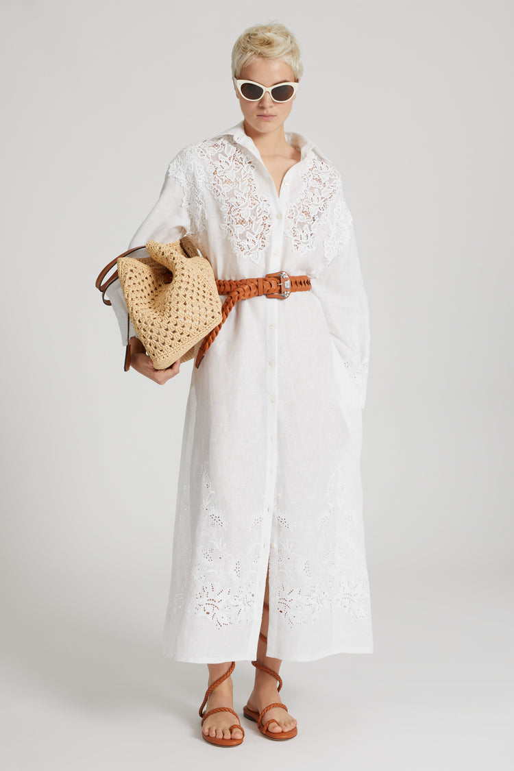 Long pure linen chemisier with handmade embroidery and macramé lace appliqués