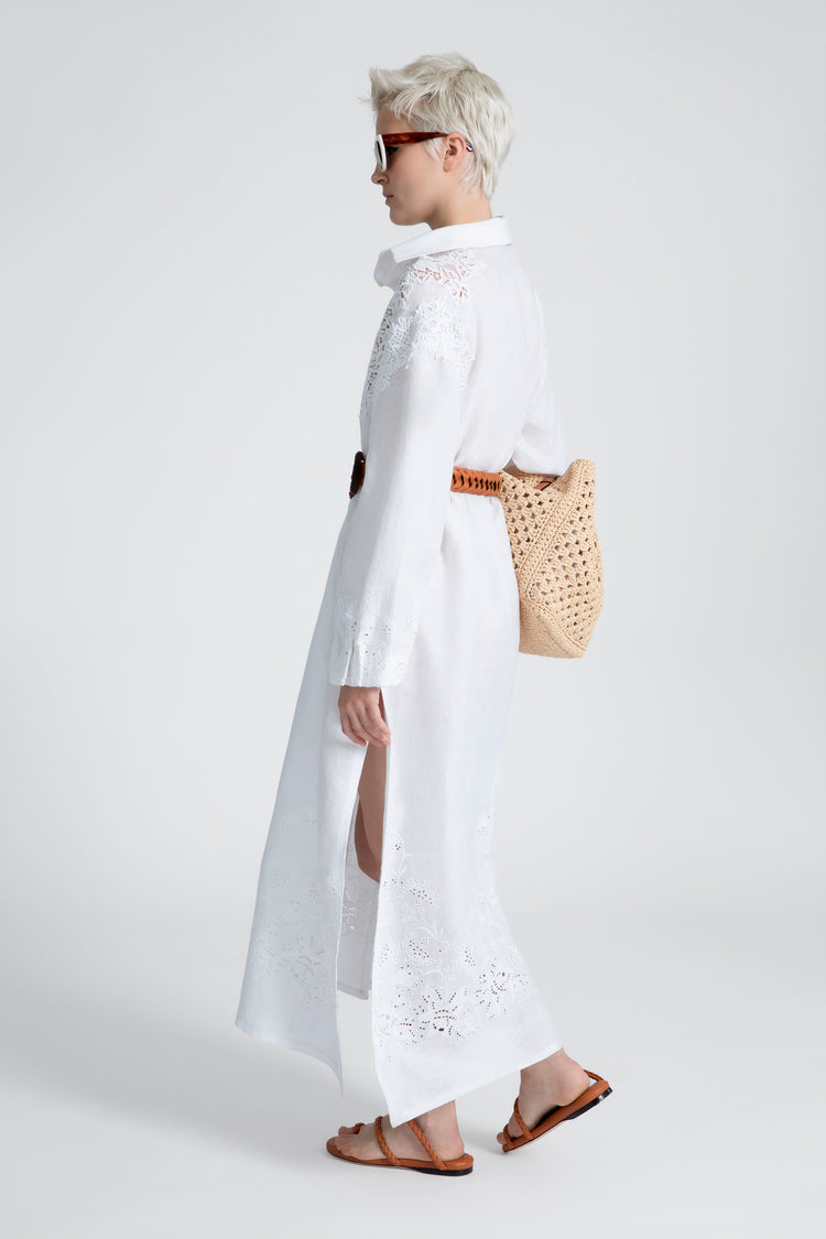 Long pure linen chemisier with handmade embroidery and macramé lace appliqués