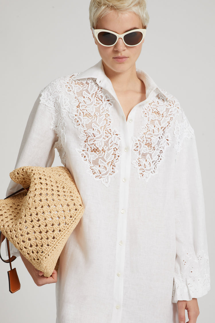 Long pure linen chemisier with handmade embroidery and macramé lace appliqués