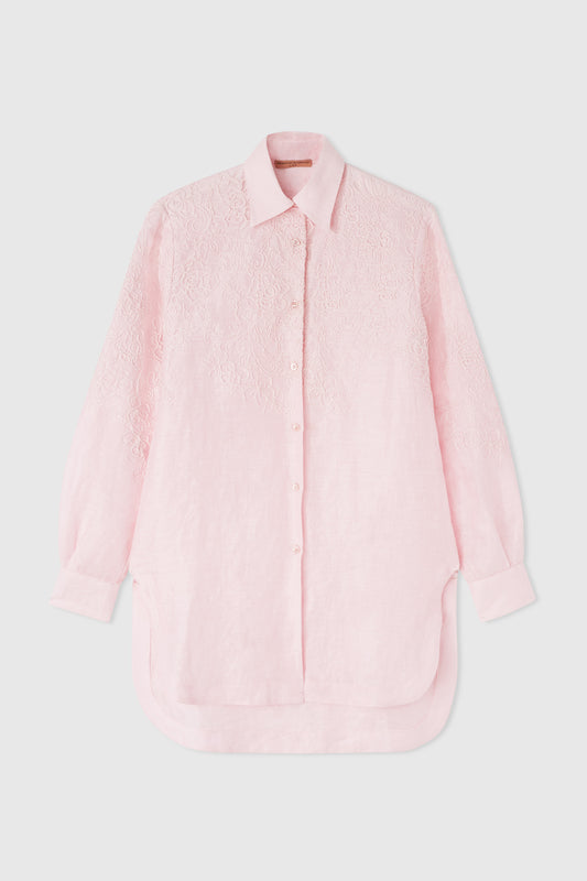 Pure linen long-sleeved shirt with handmade floral embroidery