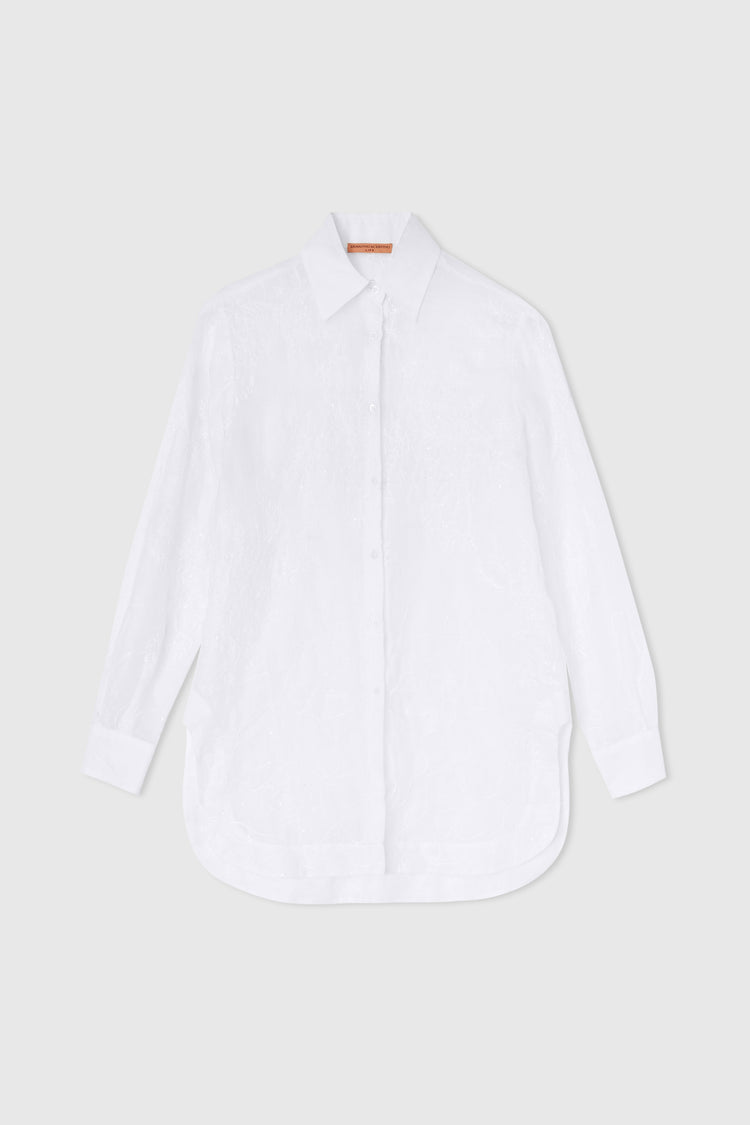 Shirt in ramie with tone-on-tone handmade floral embroidery