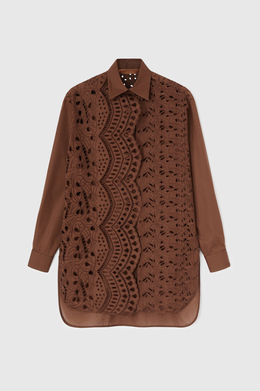 Oversize cotton poplin shirt with sangallo effect a jour