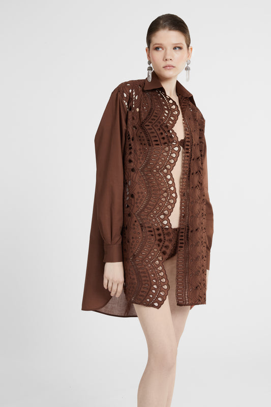 Oversize cotton poplin shirt with sangallo effect a jour