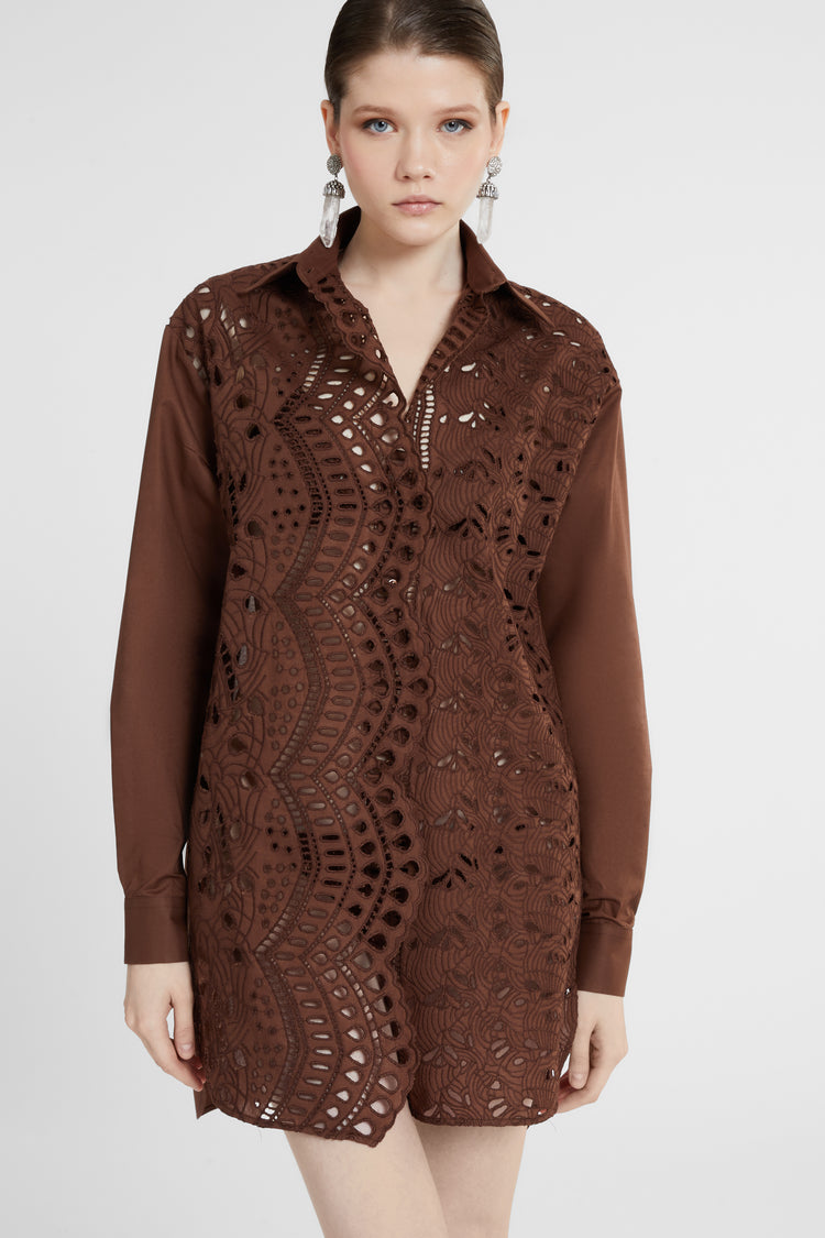 Oversize cotton poplin shirt with sangallo effect a jour