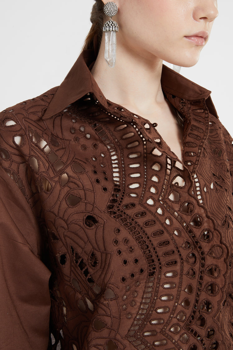 Oversize cotton poplin shirt with sangallo effect a jour