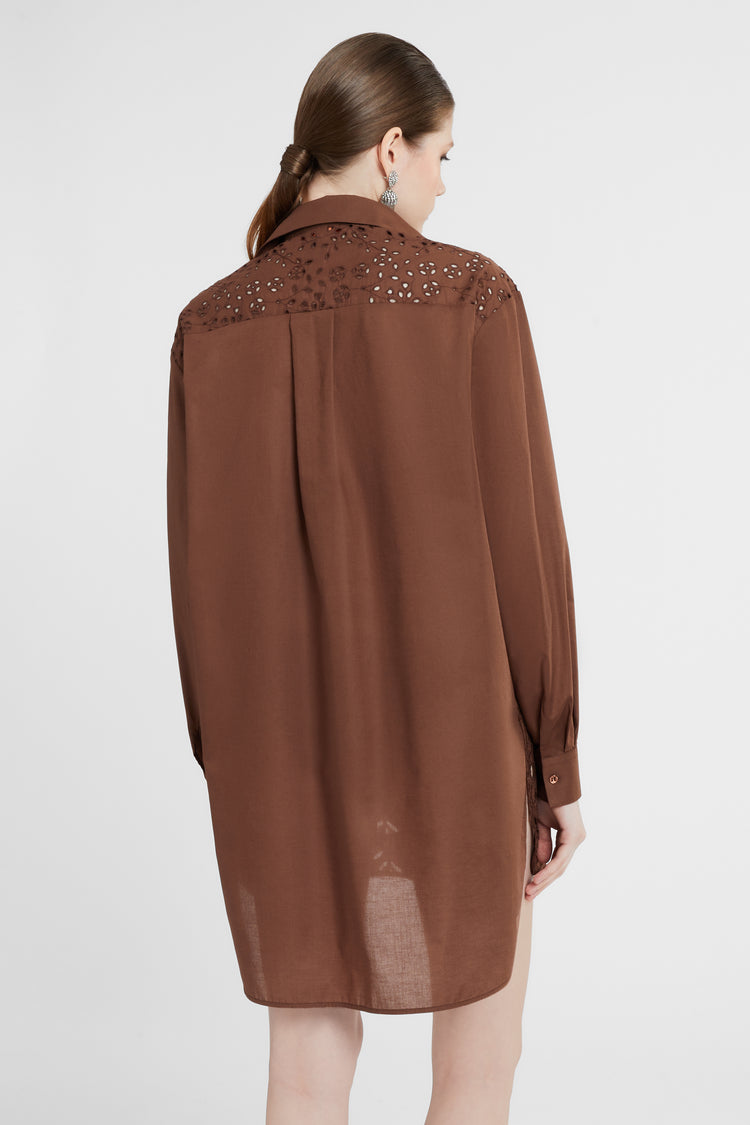 Oversize cotton poplin shirt with sangallo effect a jour