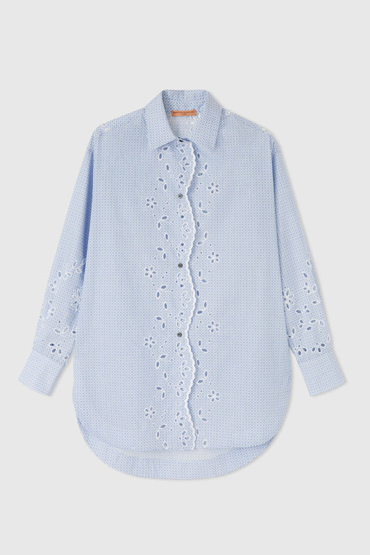 Pure cotton over shirt with micro tie pattern and sangallo lace details