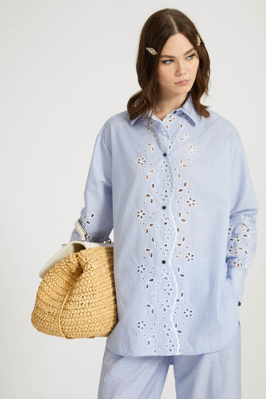 Pure cotton over shirt with micro tie pattern and sangallo lace details