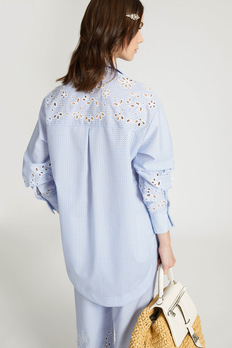Pure cotton over shirt with micro tie pattern and sangallo lace details