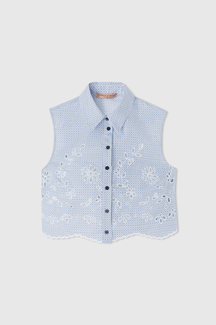 Cropped sleeveless blouse with tie print and cock lace details