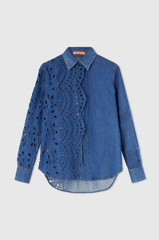 Regular shirt in cotton chambray with sangallo workmanship