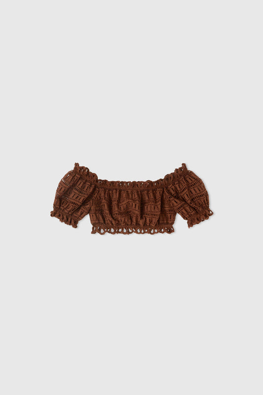 Off-shoulder cotton-blend top with sangallo a jour