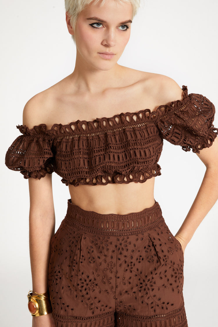 Off-shoulder cotton-blend top with sangallo a jour