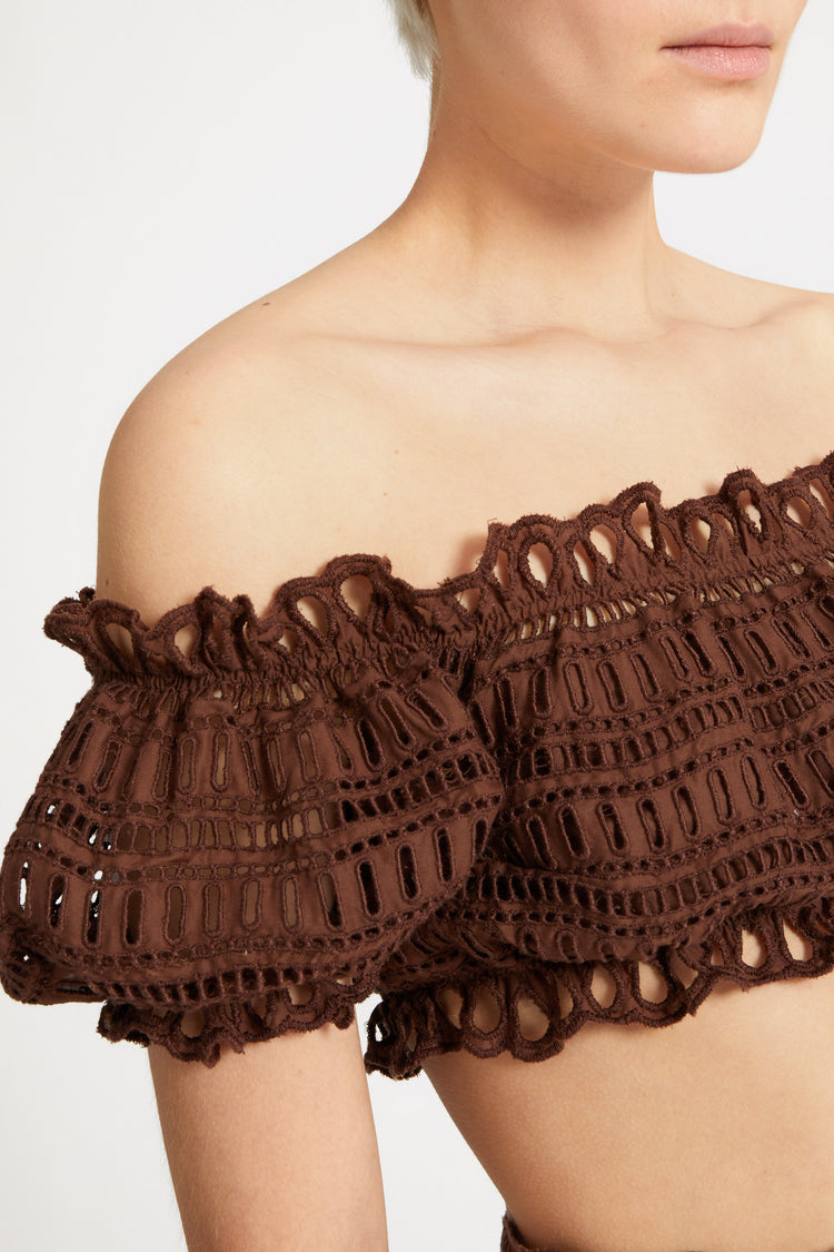 Off-shoulder cotton-blend top with sangallo a jour