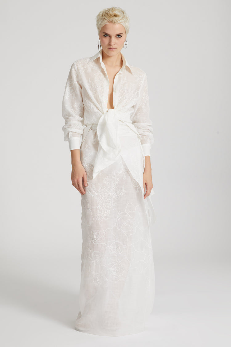 Handmade ramie pareo skirt with floral embroidery