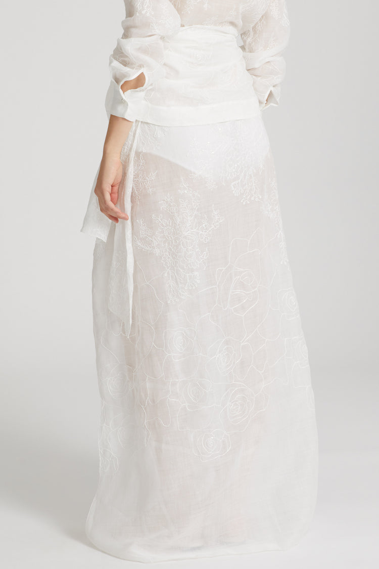 Handmade ramie pareo skirt with floral embroidery