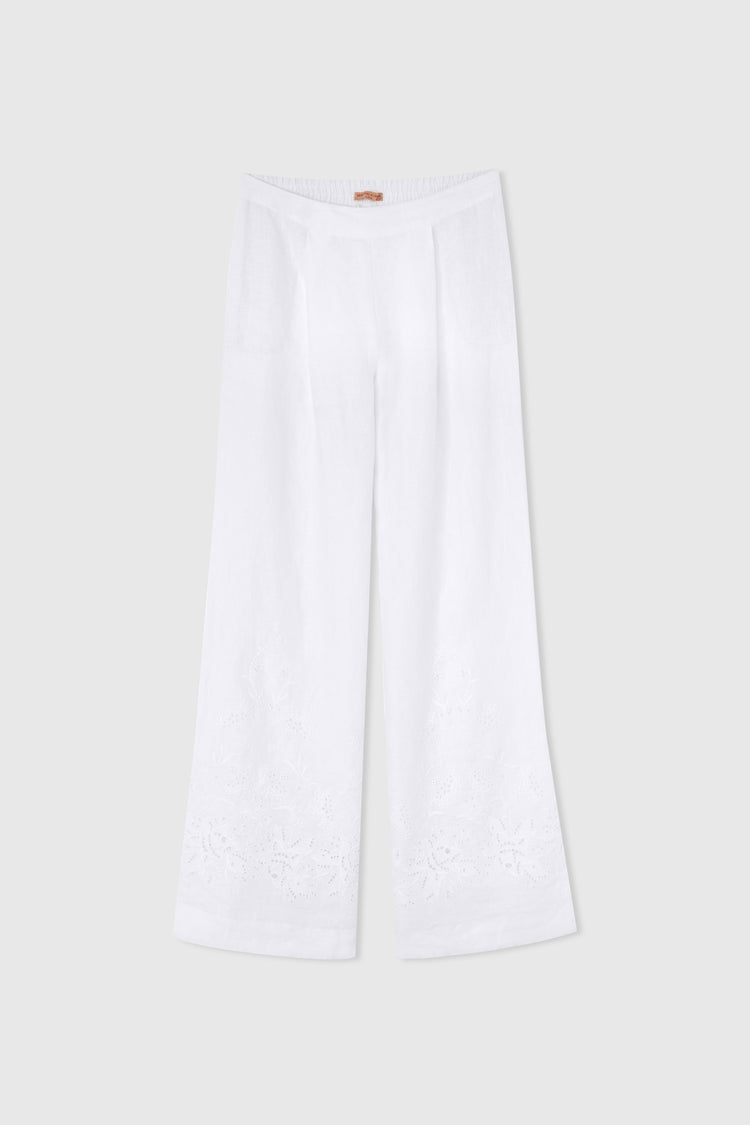 Soft linen trousers with drawstring waist and handmade embroidery
