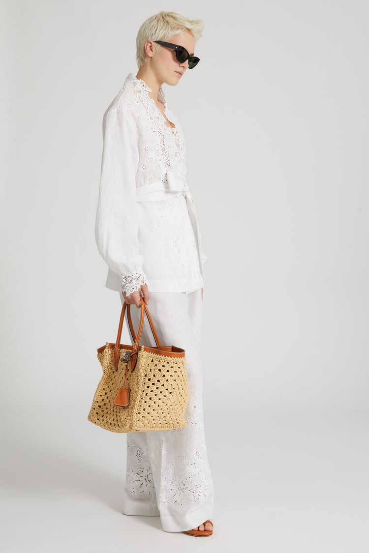 Soft linen trousers with drawstring waist and handmade embroidery