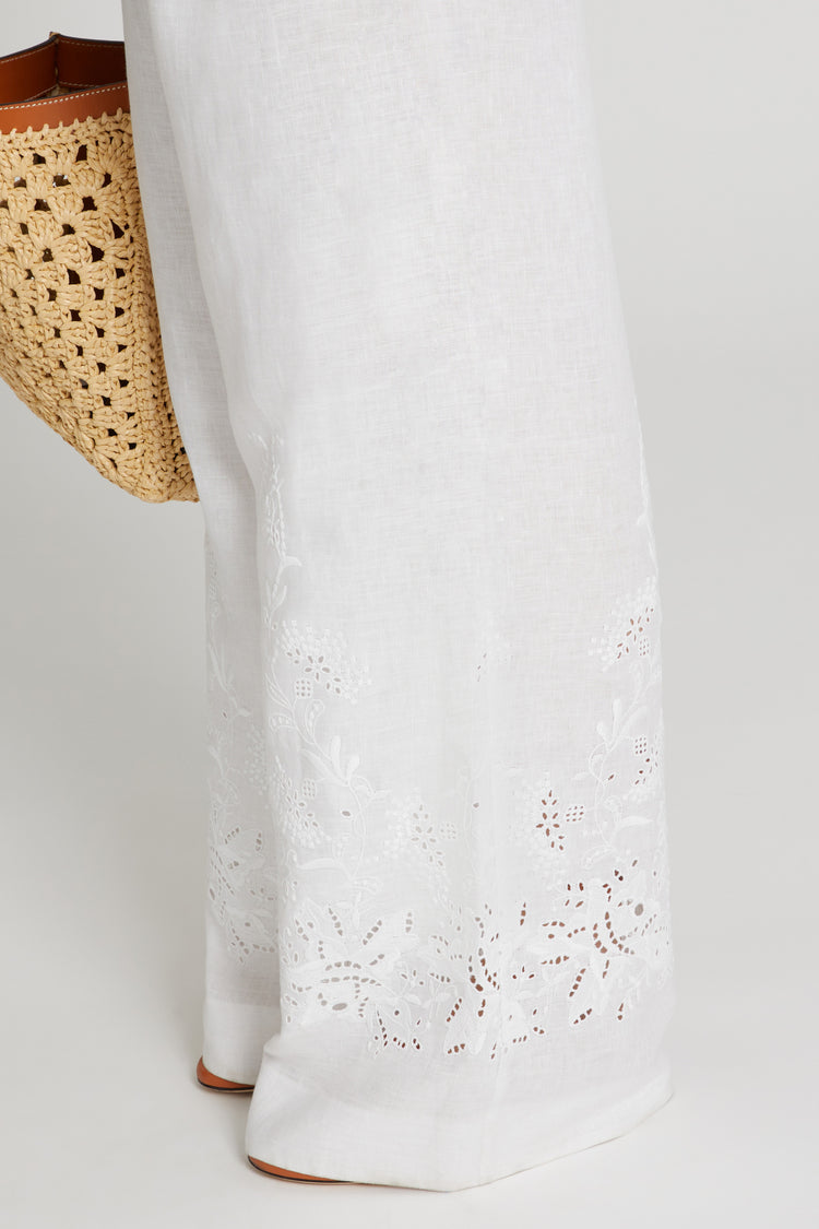 Soft linen trousers with drawstring waist and handmade embroidery