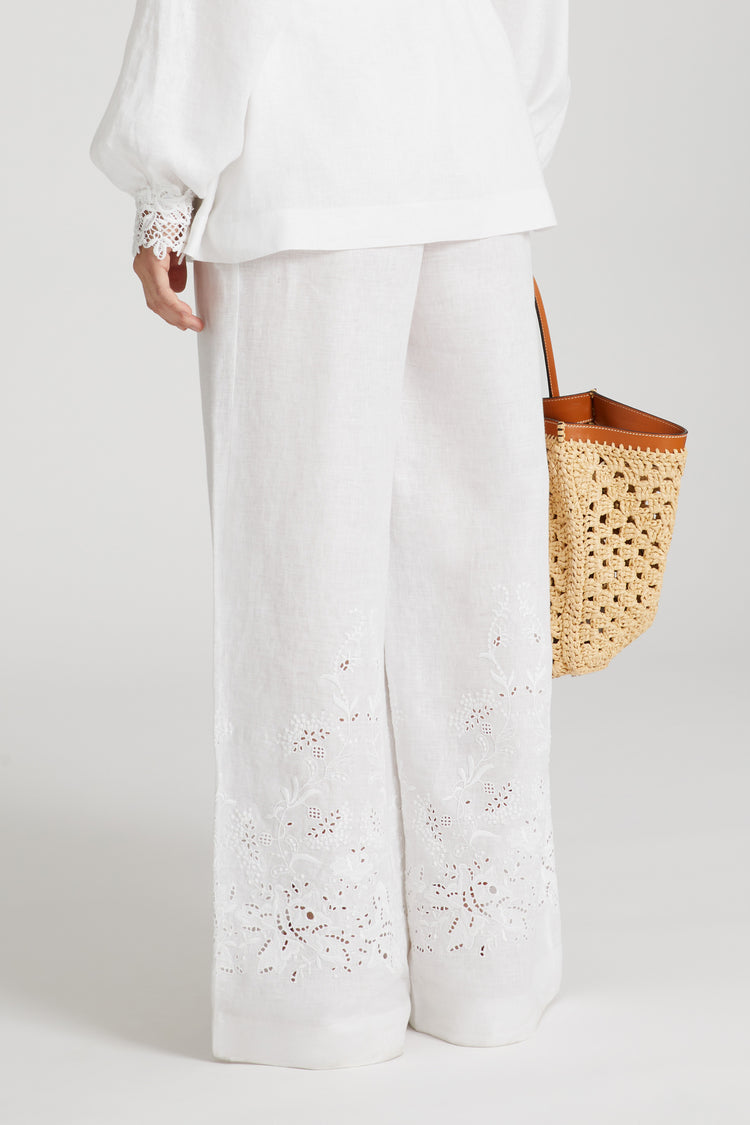 Soft linen trousers with drawstring waist and handmade embroidery
