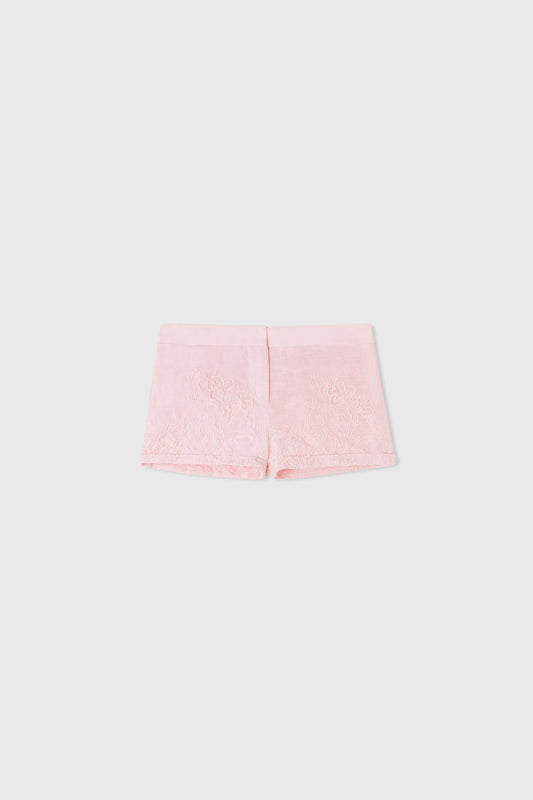 Pure linen shorts with handmade tone-on-tone floral embroidery