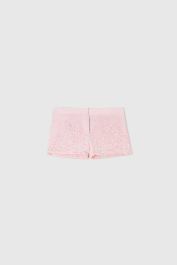 Pure linen shorts with handmade tone-on-tone floral embroidery