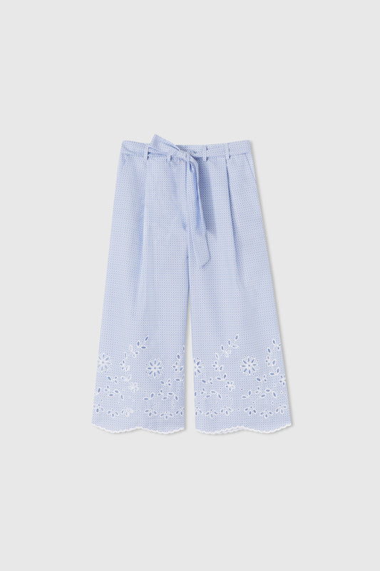 Cotton coulottes with tie print and sangallo lace details