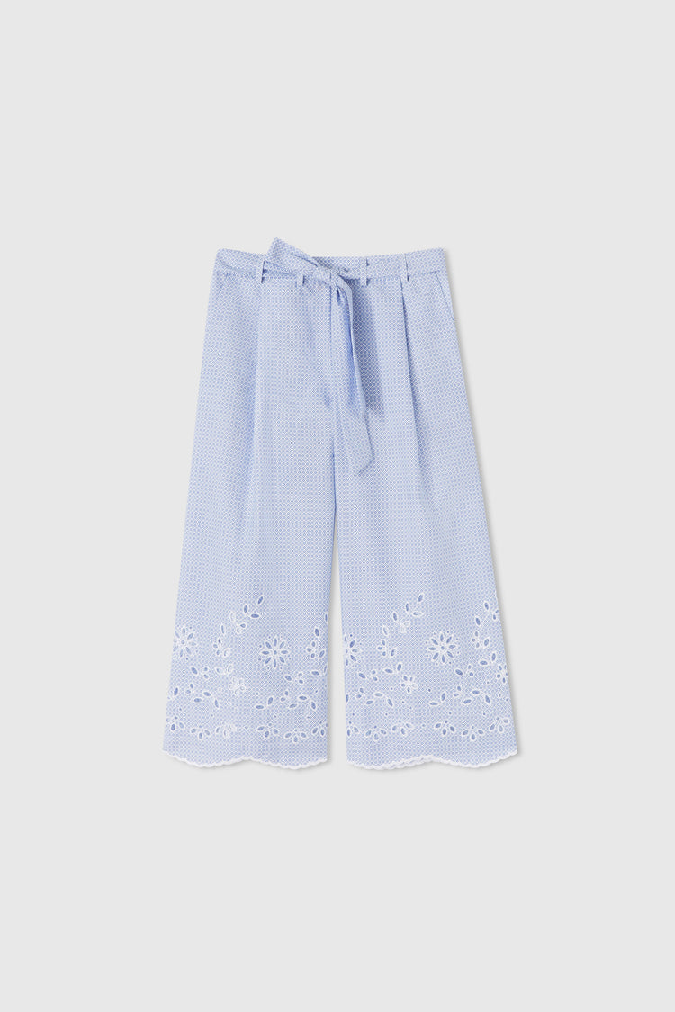 Cotton coulottes with tie print and sangallo lace details
