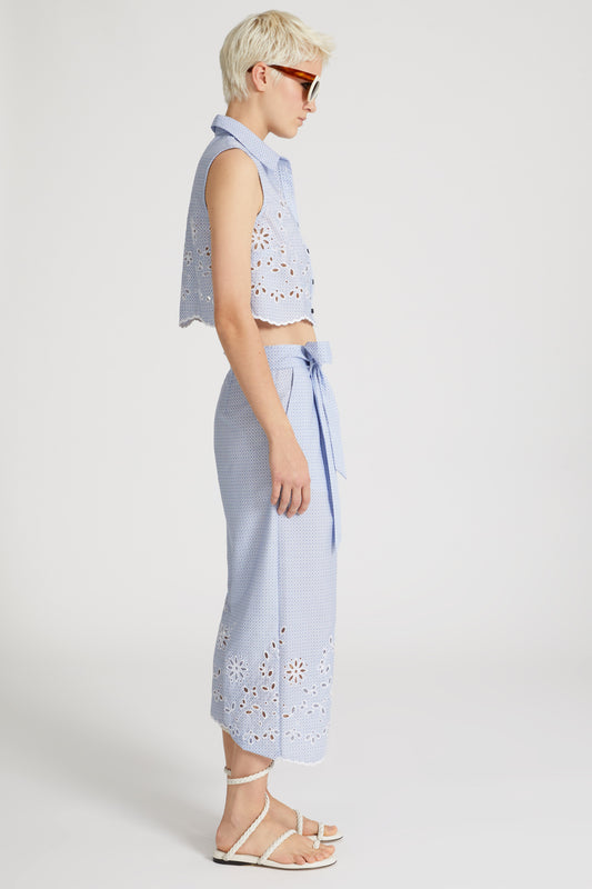 Cotton coulottes with tie print and sangallo lace details