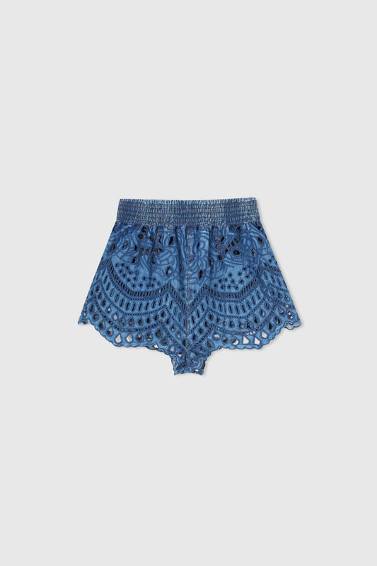 Cotton chambray shorts with elasticated waist and all over sangallo a jour workmanship
