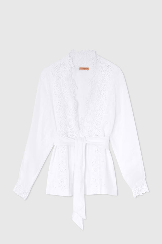 Pure linen shirt with sash and macramé lace and sangallo details