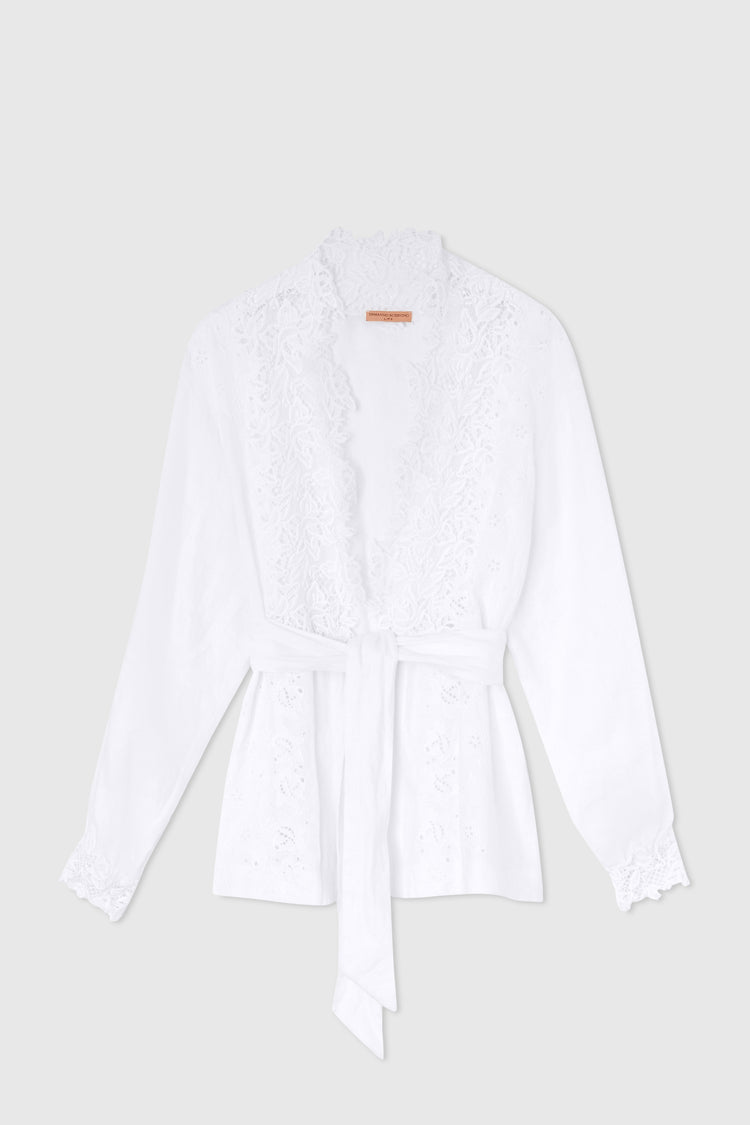 Pure linen shirt with sash and macramé lace and sangallo details