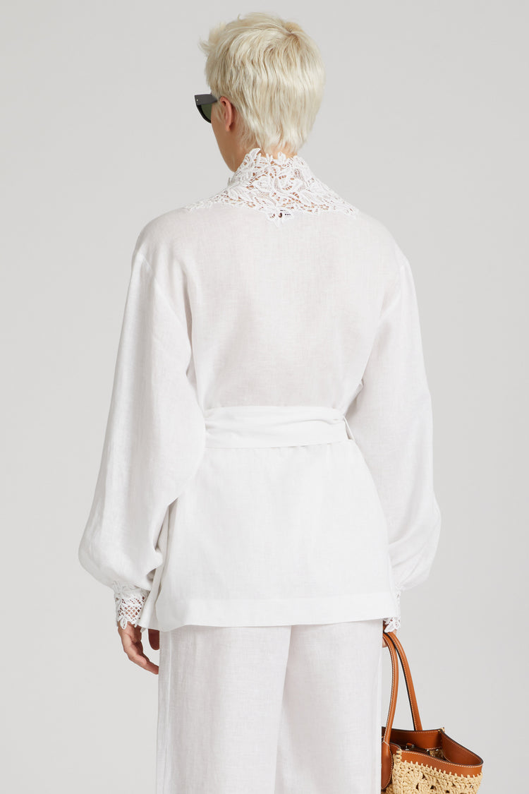 Pure linen shirt with sash and macramé lace and sangallo details